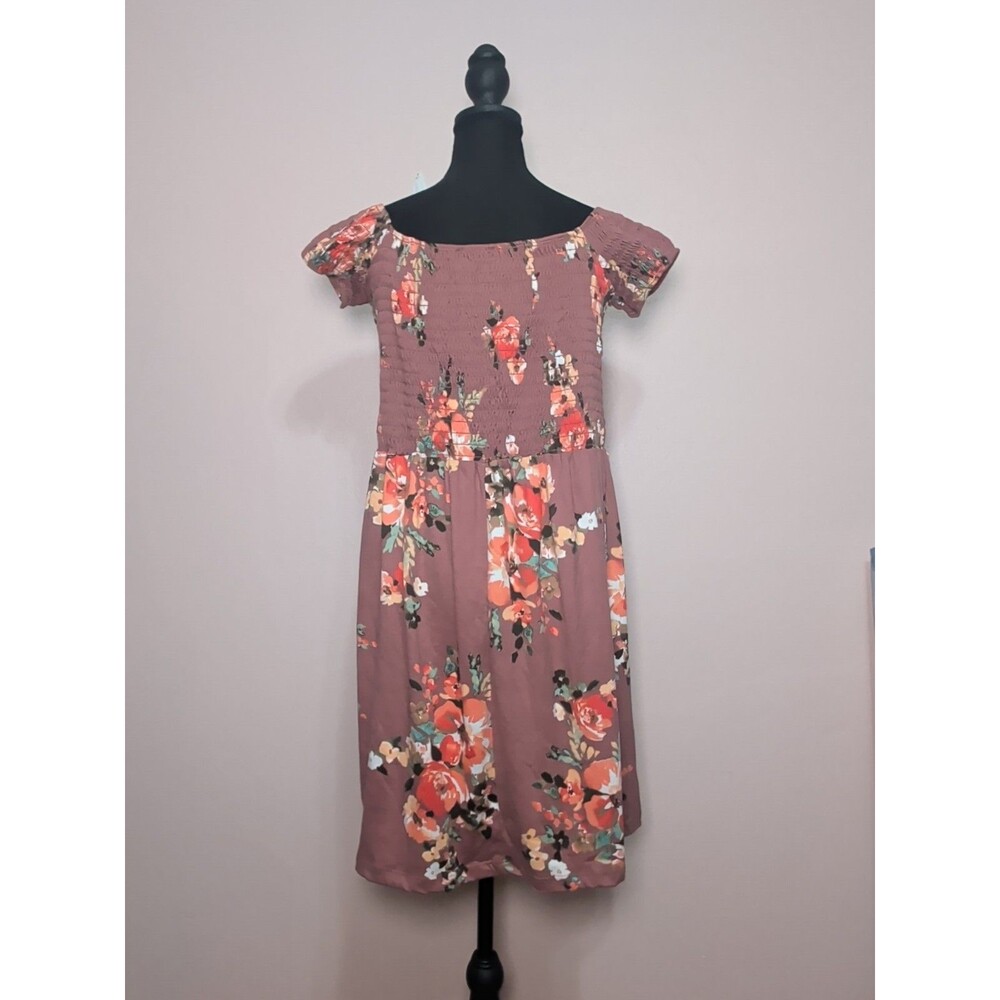 Boho NWT A-Line Dress Womens Medium Rose Floral Square Neck Smocked Butter Soft - Picture 5 of 10